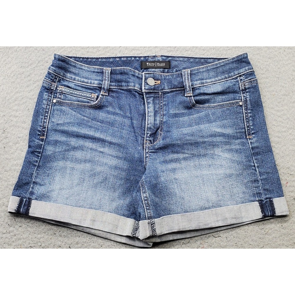 White House Black Market BLANC Shorts Womens 6 Blue Denim Faded Cuffed 5-Pockets